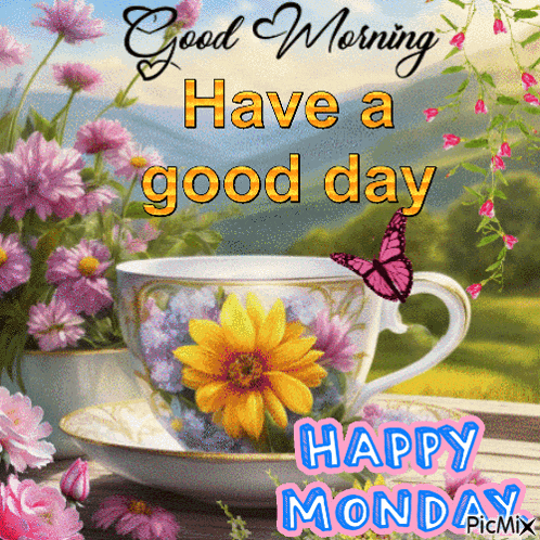 a picture of a cup of coffee with flowers and a butterfly saying good morning have a good day happy monday