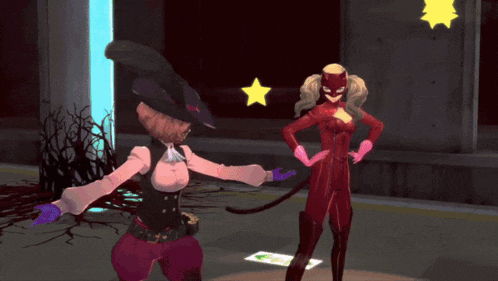 a woman in a witch costume is standing next to another woman in a cat suit