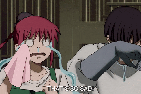 a girl with red hair is crying and the words that 's so sad are visible