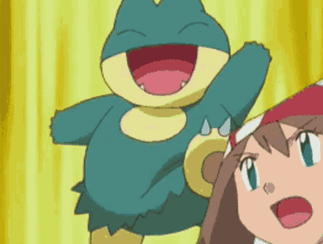 a cartoon of a girl standing next to a frog with its mouth open