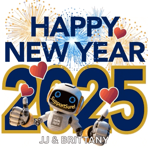 a robot giving a thumbs up with the words happy new year 2025