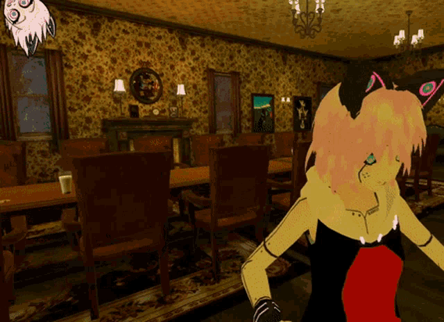 a computer generated image of a girl in a room with chairs and tables