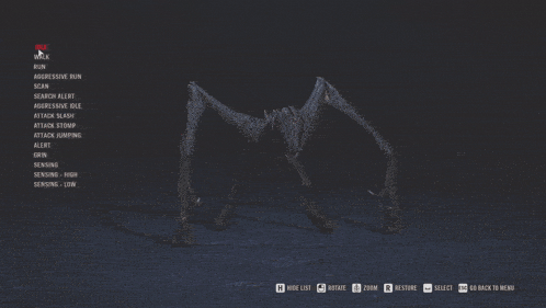 a screenshot of a video game shows a monster with a menu of options