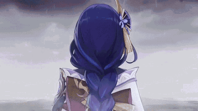 a purple haired anime girl is standing in the rain .
