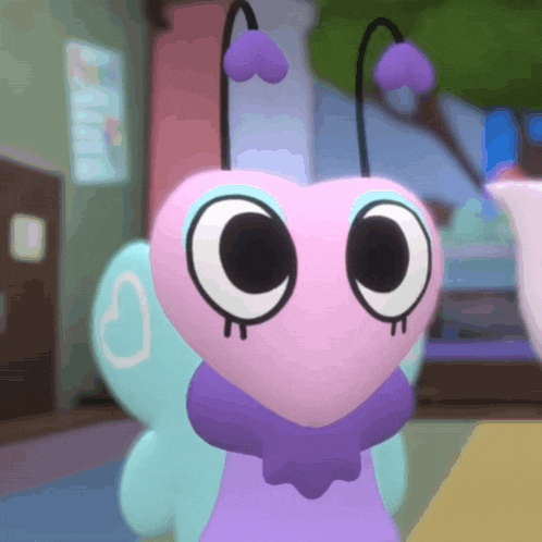 a cartoon character with a heart shaped face and purple wings
