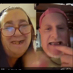 a woman wearing glasses and a man wearing a pink headband are having a video call