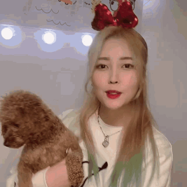 a girl with a red bow on her head holds a small brown dog