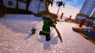 a ninjago character is holding a sword and walking on a cobblestone road