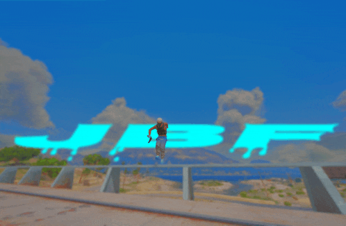 a man stands on a bridge overlooking a body of water in front of a sign that says jbf