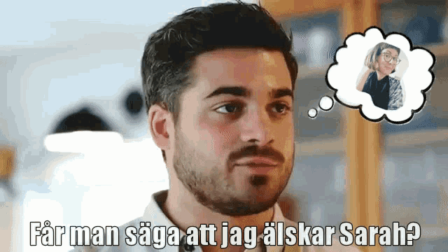 a man with a beard is thinking about a woman in a thought bubble with the words far man saga att jag alskar sarah