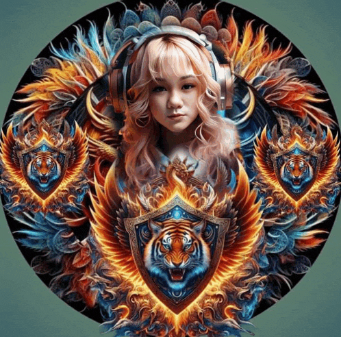 a woman wearing headphones is surrounded by a tiger and a shield