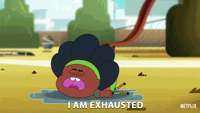 a cartoon character laying on the ground with the words " i am exhausted "