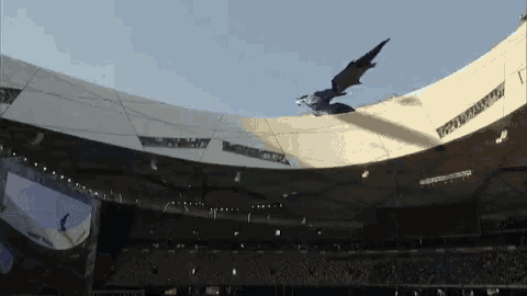 a dragon is flying over a stadium with a sign that says ' washington nationals '