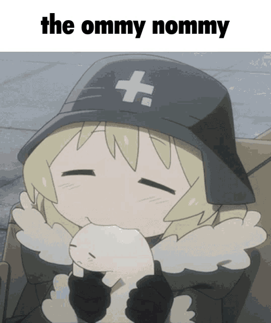 a picture of a girl with a hat that says the ommy nommy