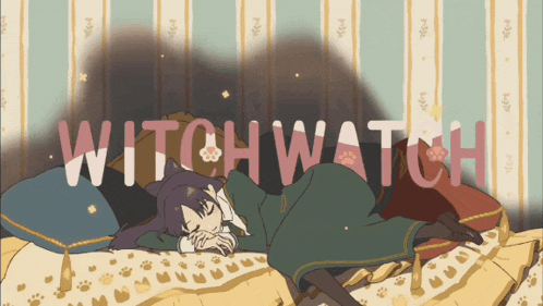 a girl is sleeping on a bed with the words witchwatch written on the bottom