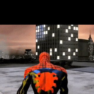 a spider man is standing in front of a city skyline at night