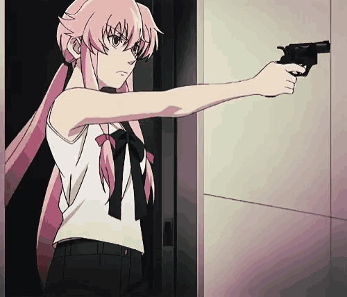 a girl with pink hair is pointing a gun at someone .