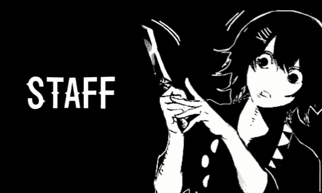 a black and white drawing of a girl holding a knife in front of the word staff .