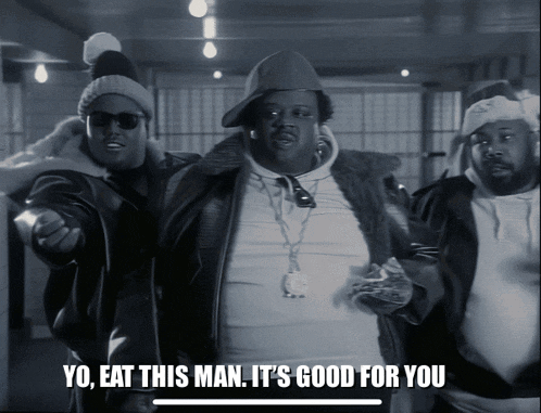 a black and white photo of three men with yo eat this man it 's good for you written on the bottom