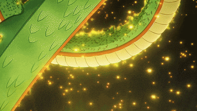 a green dragon 's tail is surrounded by glowing stars