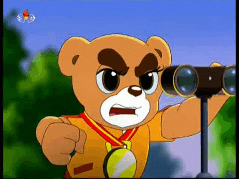 a cartoon teddy bear is looking through binoculars while wearing a medal .