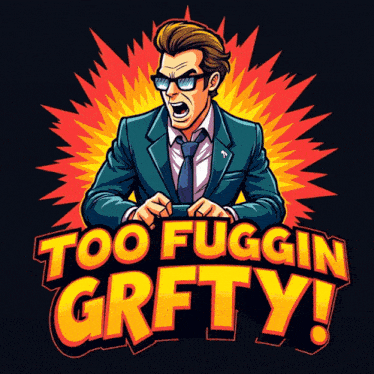 a cartoon of a man in a suit and tie with the words too fuggin grfty