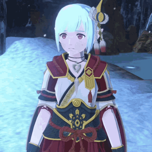 a girl with blue hair and red eyes is wearing a kimono