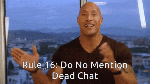 a bald man is standing in front of a window with the words rule 16 do no mention dead chat below him