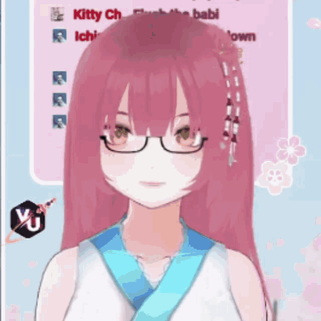 a girl with long pink hair and glasses has the name kitty on her head