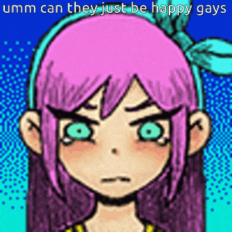 a drawing of a girl with pink hair and green eyes with the words umm can they just be happy gays below her