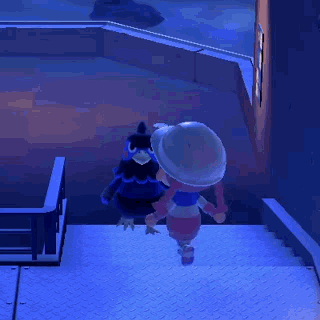 a video game character is standing next to a stuffed animal