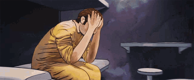 a drawing of a man sitting on a bed with his hands on his head