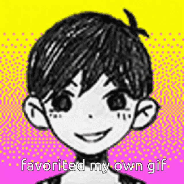 a black and white drawing of a boy with the words `` favorited my own gif '' on it .