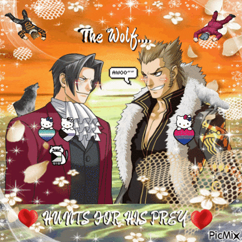 a picture of two anime characters with the words " hunts for his prey "