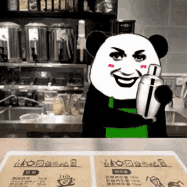 a panda bear is holding a shaker in front of a menu