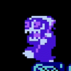 a pixel art drawing of a purple ghost with a black background