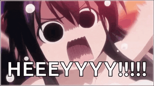 a girl with a surprised look on her face and the words heeeyyy !!! on the bottom .