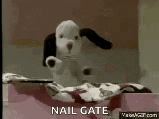 a dog is laying on a bed with the words `` nail gate '' written on the bottom .