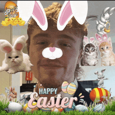a man wearing bunny ears is surrounded by easter eggs and animals