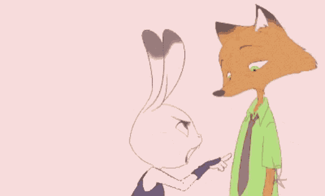 a fox and a rabbit are fighting each other on a pink background .