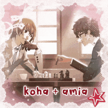 a picture of two anime characters playing chess with the words koha + ania on the bottom