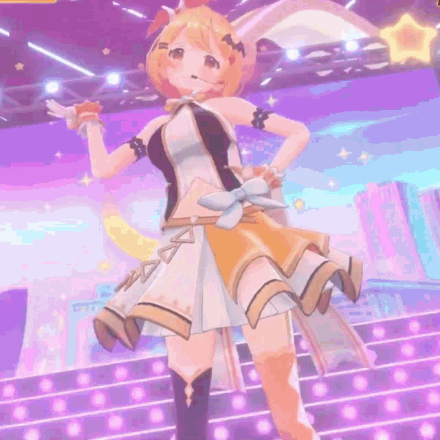 a girl in a dress is dancing on a stage in a video game .