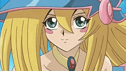 a close up of a blonde anime girl wearing a blue hat and pink headphones .