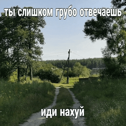 a dirt road going through a grassy field with russian writing