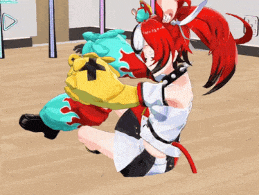 a girl with red hair is holding a stuffed animal in her arms