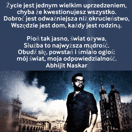 a man with a beard and glasses is standing in front of a city with a quote from abhijit naskar