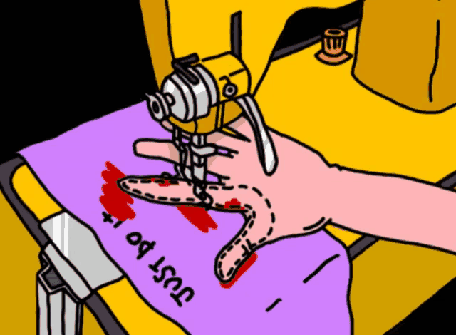 a cartoon drawing of a hand sewing a piece of fabric that says " just do it "