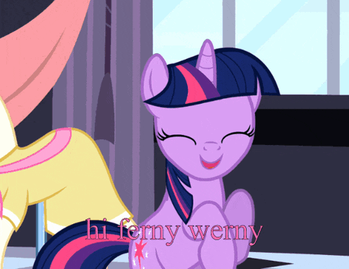 twilight sparkle from my little pony is smiling with the words hi ferny wemy behind her