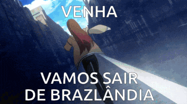 a cartoon of a girl running with the words venha vamos sair de brazilania
