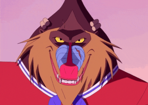 a cartoon of a baboon with a blue nose and yellow eyes